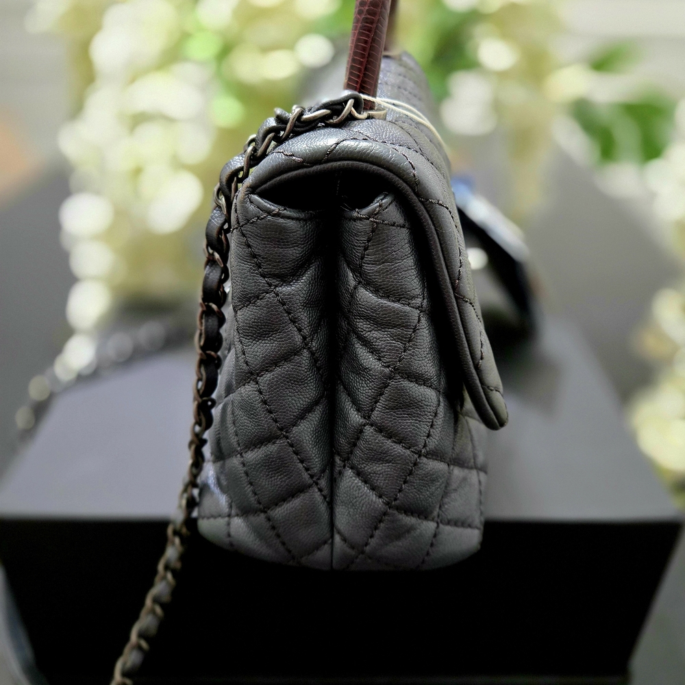 Chanel Coco Caviar Leather Quilted With Lizard Handle Gray Shoulder Bag Medium - Picture 9 of 12